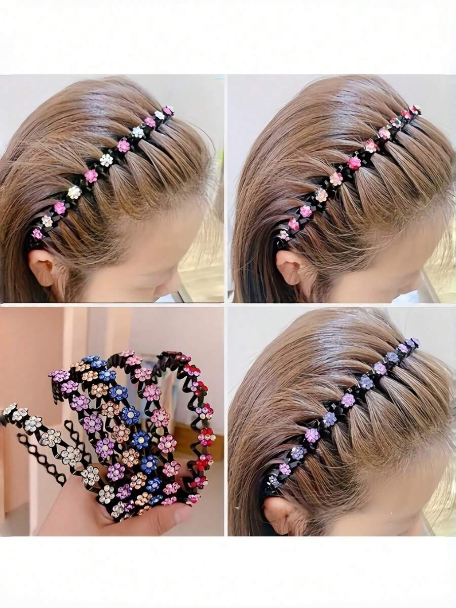 4 pezzi Elegante fascia per capelli/cerchietto decorato con fiori in strass antiscivolo, adatto per ragazze - Accessori per capelli decorativi floreali - Adatto per uso quotidiano, feste e occasioni speciali - Multicolore - Visualizzare 1