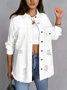 Women's Casual Ripped Distressed Pocket Denim Jacket, Spring/Autumn - White - View 2