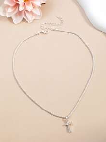 A Fashionable, Simple, Casual, Versatile Silver Chain Inlaid With Rhinestone Cross Pendant For Women's Necklace - Silver 2 - View 4