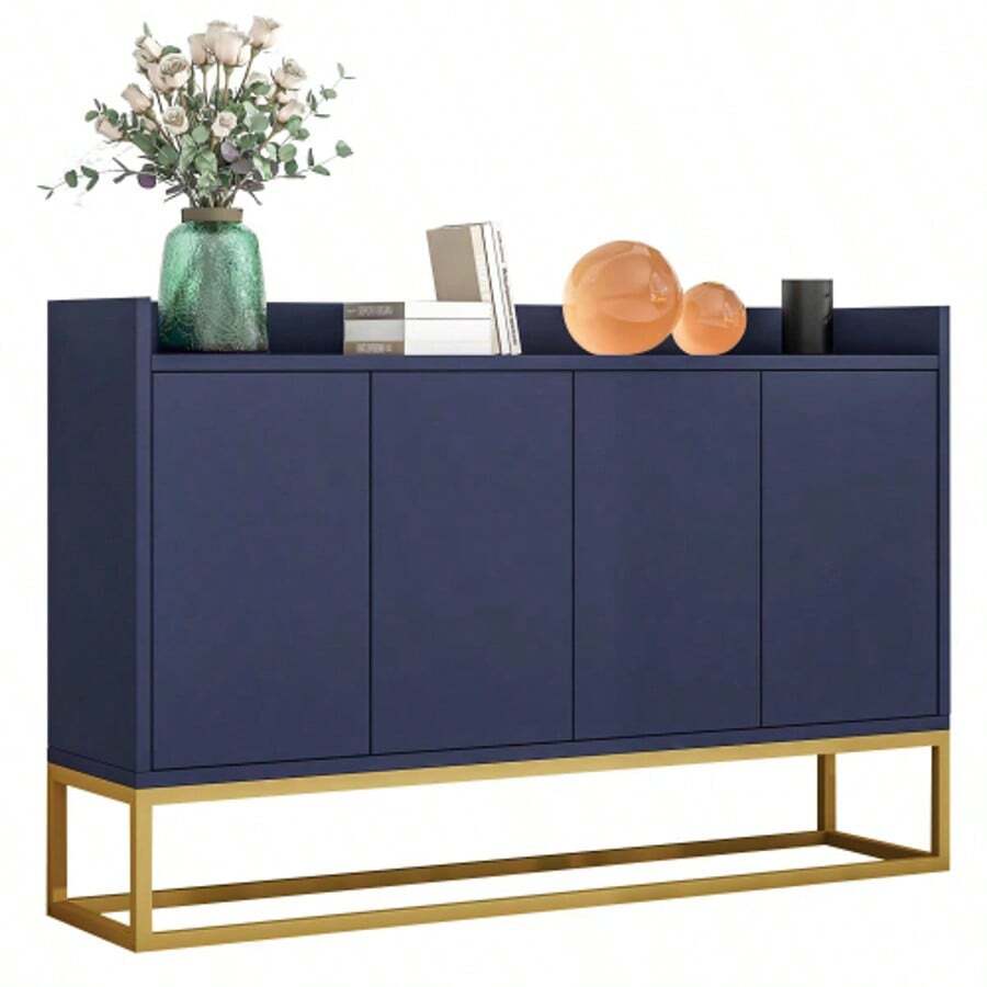 Modern Minimalist Sideboard, 4-Door Handleless Buffet For Dining Room, Living Room, Kitchen (White) - 藏蓝色 - 查看 1