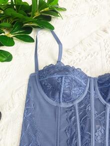 Sexy Lace Mesh Spaghetti Strap Backless Bodysuit For Women, Summer Shapewear Strapless Camisole - Dusty Blue - View 10