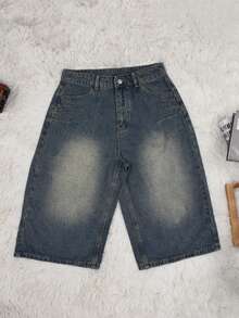 Quần short denim nữ mùa hè phong cách Y2K, quần short Bermuda ống rộng thoải mái dài đến đầu gối, kiểu dáng đường phố thập niên 90, chất liệu denim bạc màu. - Màu xanh lam - Xem 6