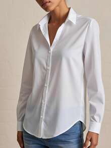 Camisa de manga larga para mujer para exteriores, estilo minimalista básico, diseño de hombros regulares - Estilo casual de negocios, académico, de transporte, primavera - Blanco - Ver 6