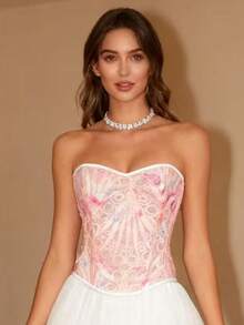 Áo corset hai lớp ren rỗng thoáng khí kiểu Âu & Mỹ ôm sát, gợi cảm, kiểu áo quây định hình vóc dáng. - Hồng - Xem 2