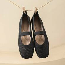 女士休闲套脚鞋，舒适平底乐福鞋，带松紧带，纯色针织面料鞋 - 黑色 - 查看 4