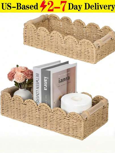 [Us-Based Shipping]1pc Woven Storage Basket, Fan-Shaped Edge Design, Handheld Storage Basket, Suitable For Toilet Tank Top Shelf, Bathroom, Living Room, Bedroom, Vanity, Home Decor, Bathroom Accessories, Desktop Organization & Storage, Halloween Gift Basket, Holiday Decor & Gift Basket, Ideal Gift Basket Storage Organizer Bathroom Essentials House Essentials Cruise Essentials Travel Containers Bathroom Storage Kitchen Organization And Storage Dorm Room Essentials College Storage Basket Storage Containers Bathroom Organization And Storage Makeup Brush Holder Vacation Essentials CubesLand Scalloped Edge Toilet Paper Storage Basket, Living Room Home Cozy Decor Basket