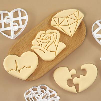 情人节心形玫瑰系列印章模具 卡通心形熊钻石压花烘焙饼干模具 手工情人节礼物饼干蛋糕模具 适用于日常使用、生日、情人节、母亲节等各种节日手工饼干模具礼品