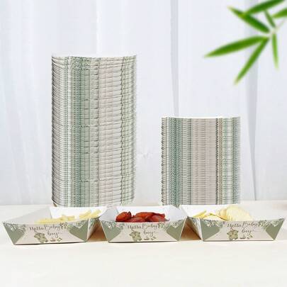24pcs Baby Boy Watercolor Green Shower Food Tray | Stackable Disposable Food Boat | Popcorn Container Green Shower Party Decoration | Popcorn Snack Hot Dog Serving Tray Party Supplies