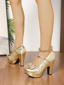 Glitter Gold Patent Leather Bridal Shoes, Bridesmaid Wedding Shoes For Women, Thick Sole Waterproof Platform Super High Heels Formal Dress Pumps - Vàng - Xem 4