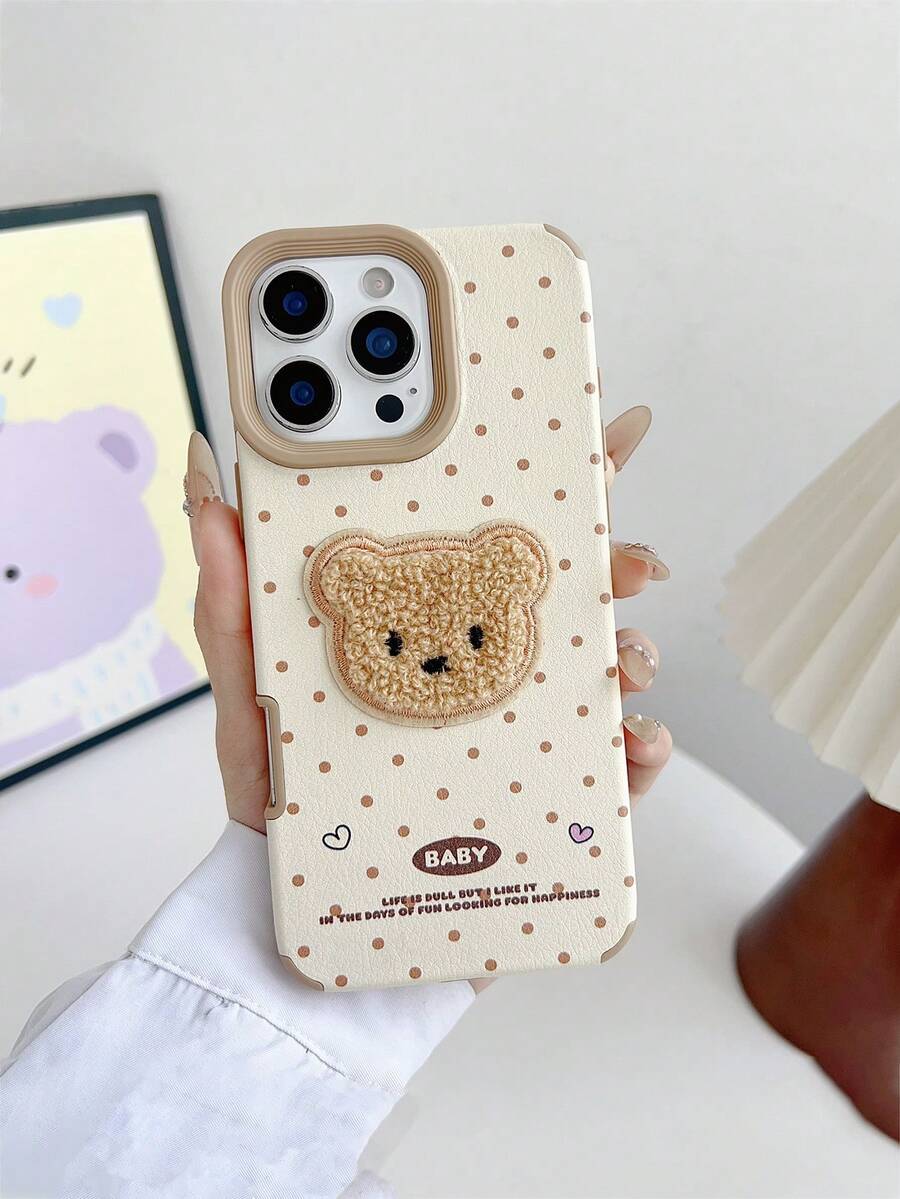 1个可爱波点彩绘3D泰迪熊真皮手机壳，兼容苹果11、12、13、14、15、15 Pro、15 Pro Max、16、16 Pro、16 Plus、16 Pro Max、17、17 Pro、17 Pro Max - 彩色 - 查看 1