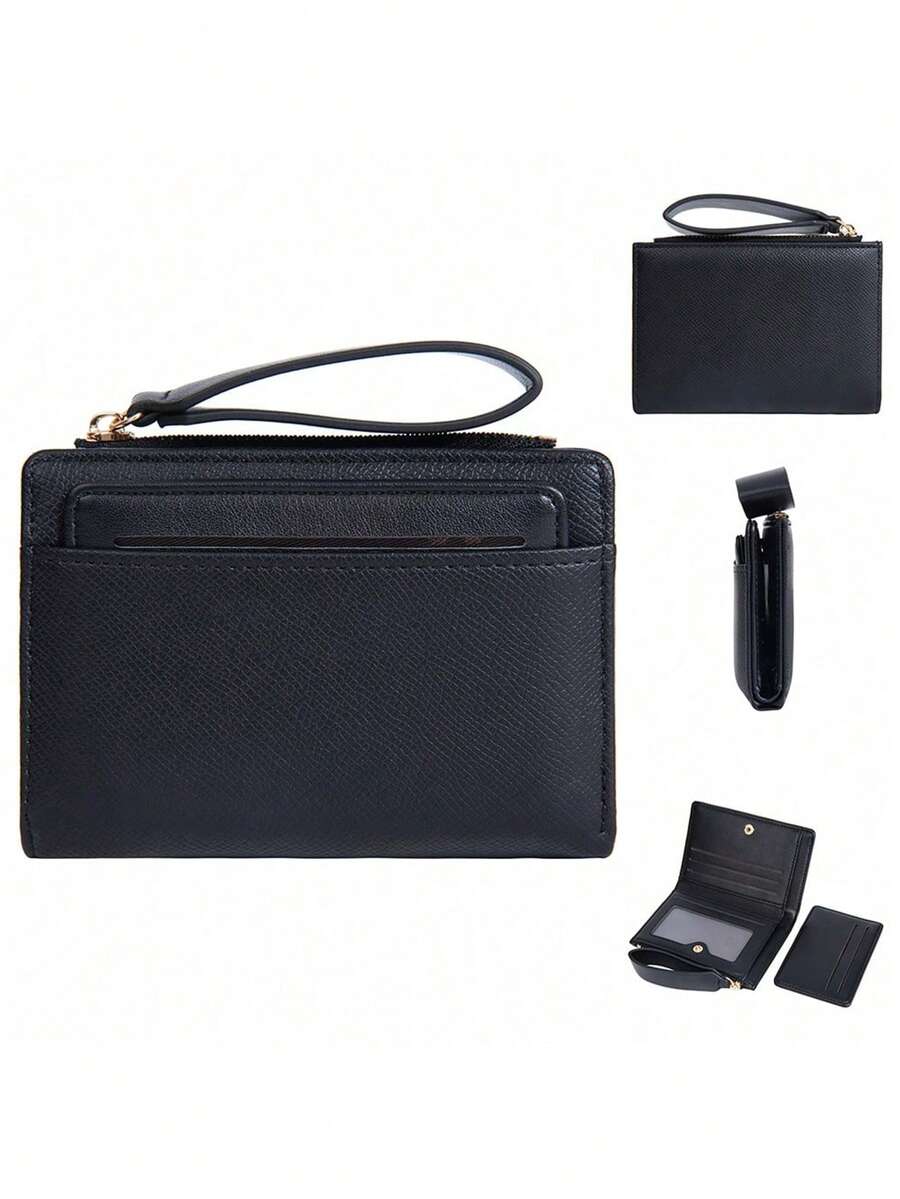 Cartera elegante y exquisita de piel de lichí con hebilla, de gran capacidad y multifunción, con cremallera portátil, clip para tarjetas de estudiante, monedero lindo y adecuado como regalo para jóvenes estudiantes, mujeres y hombres, billetera mini, monedero, billetera pequeña, billetera de muñeca, regalos para hombres, billetera de hombre, cordón para hombre - Negro - Ver 1