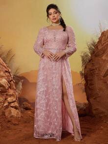 Vestido de noche de manga larga con cuello redondo, bordado de encaje con cuentas, aplicaciones y abertura - Rosa coral - Ver 4