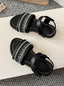 1 Pair Girls' Strap Hook And Loop Design Sandals, Round Toe Minimalist Yet Fashionable, Made Of High-Quality Leather Material, Suitable For Casual, Beach Wear - Black - View 5