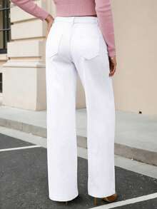 Women's Sporty Distressed Tie-Up Straight Leg Washed Denim Jeans - White - View 3