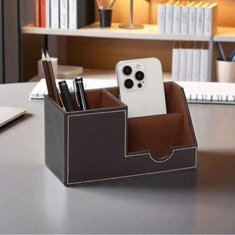 Minimalist Black Multi-Functional Pen Holder With Drawer, Leather Stationery & Mobile Phone Tool Storage Box