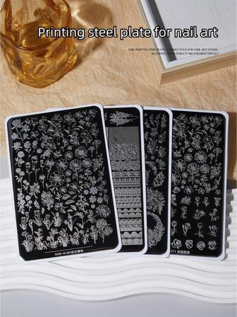 BAOSHIMAN Tryckta stålnagelplattor, transparenta transferplattor i stål, snabba och enkla för att tillverka modeller, lämpliga för nagelsalonger eller hemmafix, blommor, fjärilar, rosor, fyrverkerier, spetsrosetter, tryckta plattor, stålplattor för nageltryckform