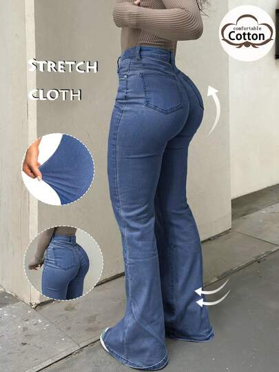 GILIPUR New Mid-Blue Y2K Flare Jeans For Women, High-Waisted Slim Fit Stretchy, Elegant & Fashionable Casual Versatile, Retro Street Style, Suitable For Winter & Spring, Perfect For New Year, Valentine's Day And Other Holidays, Also An Ideal Gift Choice. Exquisite Yet Casual Appearance, Perfect For Formal Parties, Casual Dinners And Concerts.