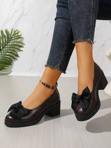 Preppy Style Bow Accent Office Chunky Heel Pointed Toe Brown High Heels, Comfortable Low Price Casual Country Outdoor Holiday Shoes - Brown - View 6