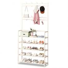 Zapatera con perchero 3 en 1, estante organizador para entrada y dormitorio, repisa superior y varios niveles para calzado, mueble multifuncional para ropa, bolsos y gorras, diseño compacto para ahorro de espacio - Blanco - Ver 2