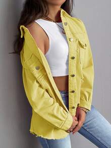 Plain Holed Front Button Ripped Pocket Casual Long Sleeve Jacket - Yellow - View 8