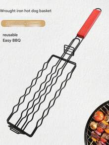 2/4 件不粘烧烤篮 - 耐用金属带木柄，黑色 - 便携式木炭烧烤工具，适合露营、野餐、徒步旅行 - 均匀受热，易于清洁，可烤肉、蔬菜等，徒步旅行必备实用烹饪设计不粘表面，户外烧烤配件 - 彩色 - 查看 13