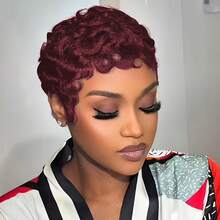 1B Black & 99J Wine Red Curly Wavy Short Wig, 100% Human Hair Pixie Cut Wig, Layered Pixie Short Wig With Bangs, Realistic Lace-Free Full Machine Wefted Wig, Suitable For Daily Wear