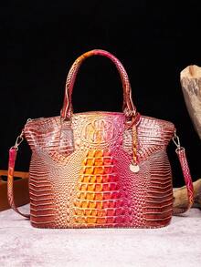 Luxurious Crocodile Pattern Cross-Body Top-Handle Bag - High-End Fashion Handbag For Women's Work And Daily Use - Premium Quality, Stylish Design, Multiple Pockets, Adjustable Strap - Hồng + Nâu - Xem 1