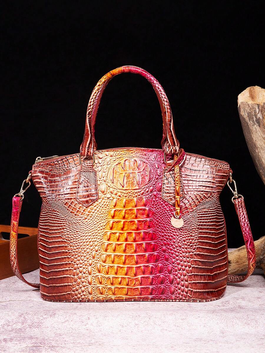 Luxurious Crocodile Pattern Cross-Body Top-Handle Bag - High-End Fashion Handbag For Women's Work And Daily Use - Premium Quality, Stylish Design, Multiple Pockets, Adjustable Strap - Hồng + Nâu - Xem 1