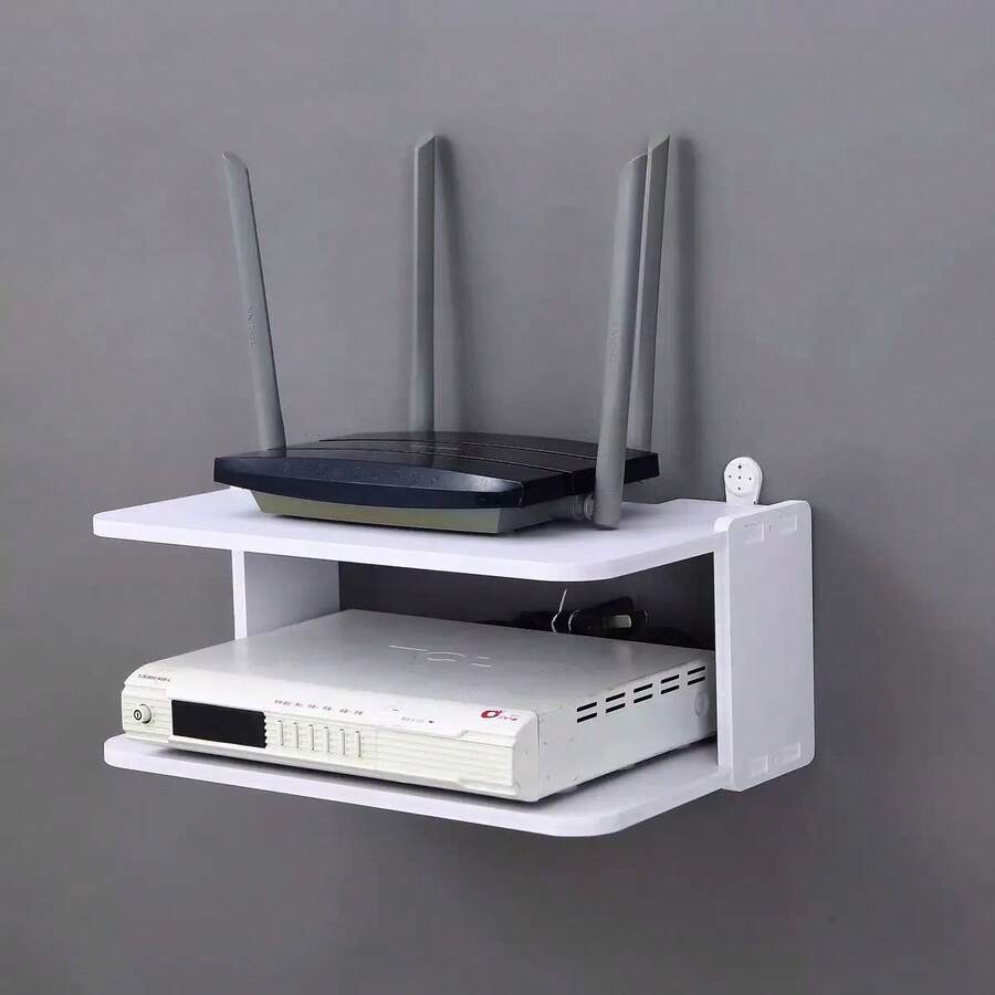 1个壁挂式路由器及WiFi设备整理架 - 适用于调制解调器、机顶盒及电视配件的线缆管理支架 | 节省空间的装饰性收纳设计，通风透气 | 无需钻孔安装，打造整洁的家居/办公环境，实用收纳神器