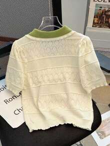 Women's Lightweight Knit Top With Doll Face Colorblock Design, Summer - Champagne - View 2