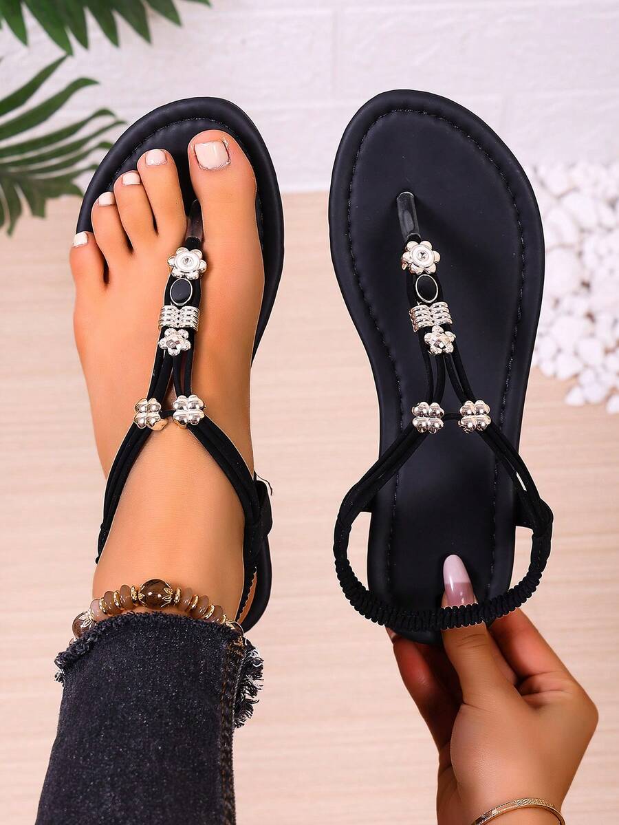 女士时尚圆头串珠波西米亚风平底人字拖凉鞋