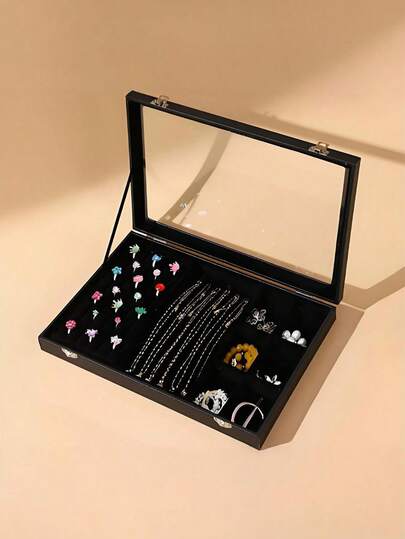 1个可收纳100枚戒指的珠宝盒，防尘透明盖戒指收纳盒，珠宝盒，桌面戒指展示盒，透明玻璃盖珠宝盒，项链展示收纳盒，梳妆珠宝展示盒，多功能珠宝收纳盒，珠宝收纳展示盒，多用途收纳盒，高端项链收纳盒，带透明盖的天鹅绒项链展示托盘，女士项链吊坠展示盒，悬挂式项链收纳盒/托盘，可堆叠，黑色天鹅绒
