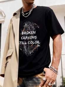 Camiseta de hombre con motivo abstracto de primavera, algodón suave, corte cómodo, informal, transpirable. - Negro - Ver 1