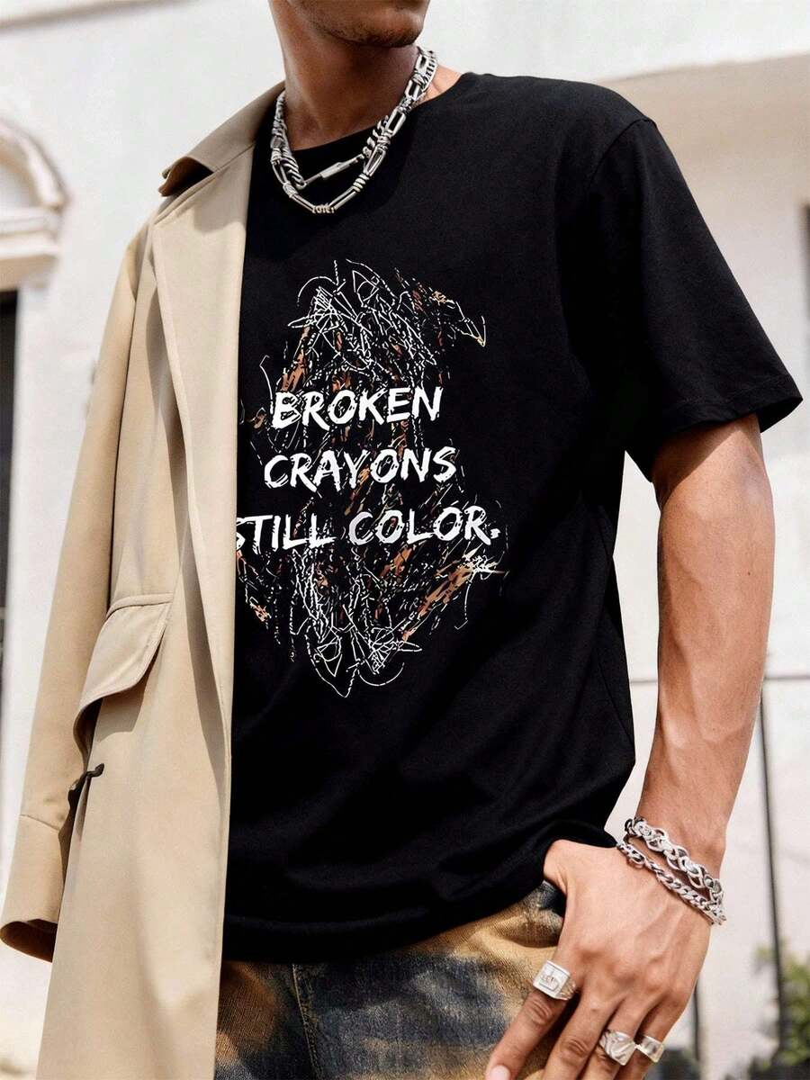 Camiseta de hombre con motivo abstracto de primavera, algodón suave, corte cómodo, informal, transpirable. - Negro - Ver 1