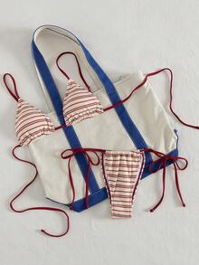 PEPPERMOLLY 新款柔软条纹毛巾布可调节肩带交叉露背性感比基尼套装，女士夏季沙滩时尚泳装度假装 - 紅棕色 - 查看 3