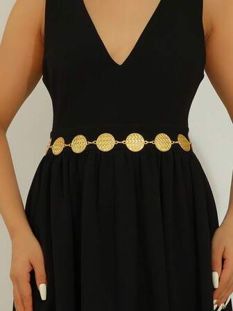 1pc Fashionable Vintage Style Metal Embossed Geometric Waist Chain For Women, Suitable For Long Dresses, Gift, Work Wear