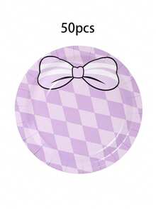 10/20/50pcs,Pink Purple Check Stripe Bow Disposable 7inch Paper Plates,Coquette Bow Dinner Plate,Cute White Striped Bow Print Round Plates,Lavender Argyle Check & Pink Diagonal Stripe Bow Pattern Plate For BabyShower Birthday Party Supplies - Multicolor - View 11