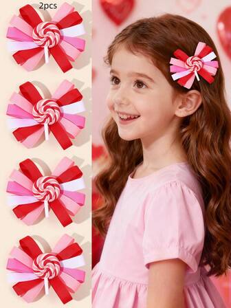 2pcs Valentine's Day Hair Bows For Girls Lollipop Shape Hair Clips Grosgrain Ribbon Hair Barrettes Cute Lollipop Alligator Clips Girls Gifts Sweet Princess Valentine's Hairpins Teens Hair Accessories