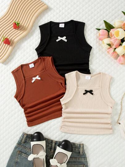 3pcs/Set Girls' Casual Sleeveless Solid Color Bow Decor Square Neck Tops, Summer