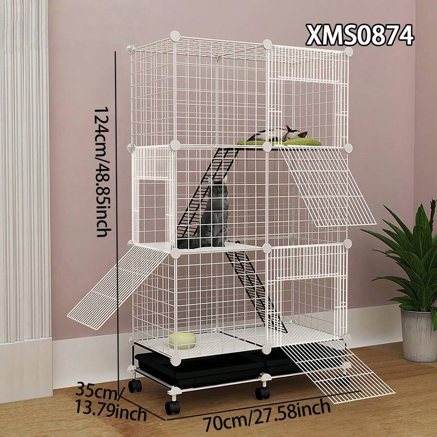 Movable Small Animal Cage With Tray, Indoor Kitten Villa, Non-Occupying Small Cat Cabinet With Wheels - Multicolor - View 1