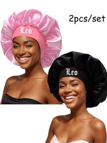 2件装缎面十二生肖印花睡帽，缎面丝绸睡帽，适合女孩睡眠，丝绸睡帽，带松紧带的卷发睡帽。（印花图案随机。）头发睡眠帽 睡眠帽 - (黑+粉)-星座-2pcs - 查看 6
