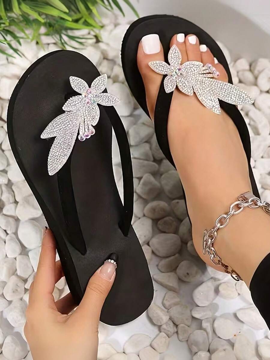 Neue Sommer süße Kristall Plateau-Sohle Zehentrenner, modisch für Frauen zum Einkaufen, Treffen mit Freunden, bequeme Plateau-Zehentrenner-Sandalen, Strandurlaubs-Outfit - Schwarz - Übersicht 1