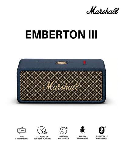 Marshall Emberton III 便携式蓝牙音箱，坚固耐用的 IP67 防水设计，高品质立体声，深沉低音，32 小时以上播放时间，小巧无线，适合旅行和户外活动。