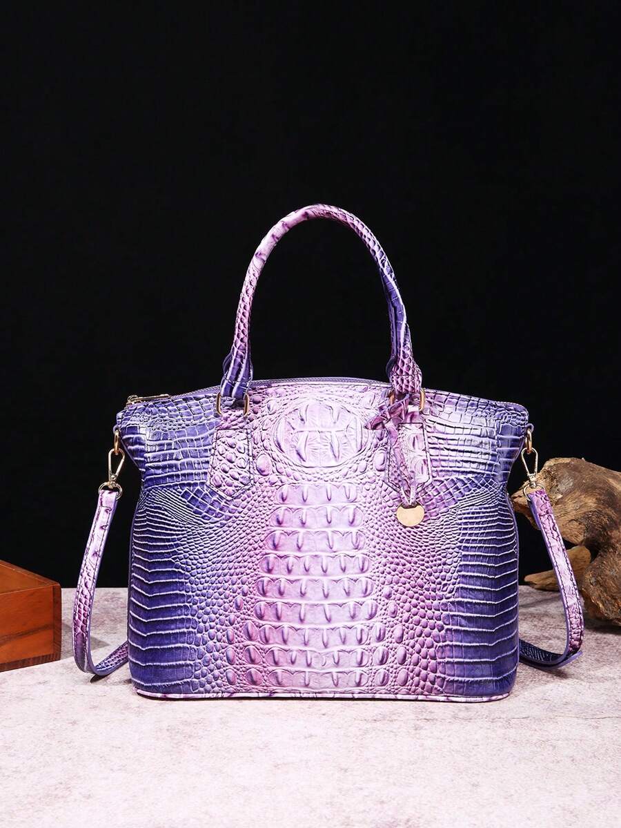 Luxurious Crocodile Pattern Cross-Body Top-Handle Bag - High-End Fashion Handbag For Women's Work And Daily Use - Premium Quality, Stylish Design, Multiple Pockets, Adjustable Strap - Colorful Purple - View 1