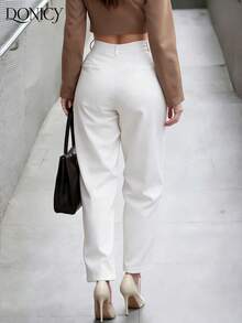 DONICY Quần nữ ống đứng xếp ly cạp cao màu trơn, mềm mại và thoải mái, thời trang, đa năng, thanh lịch, phù hợp cho sinh hoạt hàng ngày, hẹn hò, tiệc tùng, ngày Valentine, lễ hội, công sở. - trắng - Xem 3