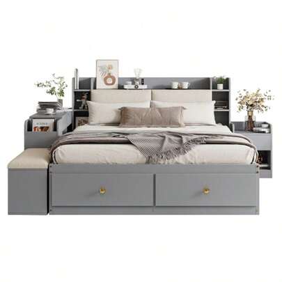 Solid Wood Combined Bed 140 X 200 Cm, Headboard With Built-In Storage Compartment, With Drawers, With Bedside Table, With Storage Wardrobe, With Sofa Bench, Double Bed With Storage, Tatami Bed, Grey