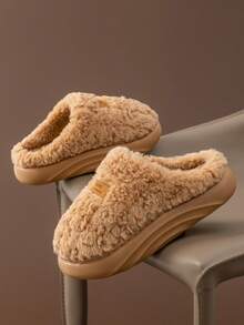 女士logo装饰羊毛拖鞋，加厚绒面内里保暖家居鞋，冬季简约舒适室内卧室地板拖鞋 - 卡其色 - 查看 5
