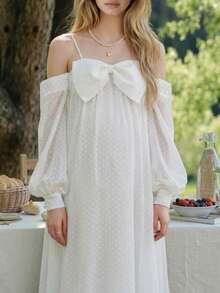 优雅纯色蝴蝶装饰露肩孕妇连衣裙，适合拍照