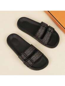 男士休闲拖鞋，时尚双扣装饰G字图案印花，男士休闲运动拖鞋，EVA软底平底凉鞋，夏季男士沙滩鞋，花园鞋，凉鞋，人字拖，柔软亲肤，柔软弹性材质，日常居家/休闲凉鞋，舒适百搭，适合户外行走 - 棕色 - 查看 12