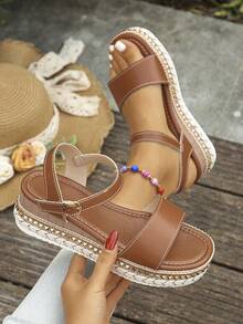 Women's Rivet Decor Simple Solid Color Strap Buckle Platform Wedge Heel Rust Brown High Heel Bohemian Style Sandals,Spring Summer Outfits - Rust Brown - View 2